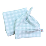 Soft Green Gingham Stretch Knit Swaddle Wrap & Beanie Set