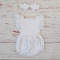 White Organic Cotton Ruffled Sleeve Romper with matching Headband