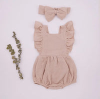 Beige Ruffle Sleeve Organic Cotton Rompers with matching Headbands