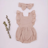 Beige Ruffle Sleeve Organic Cotton Rompers with matching Headbands