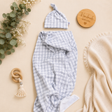 Soft Grey Gingham Stretch Knit Swaddle Wrap & Beanie Set