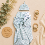 Soft Green Gingham Stretch Knit Swaddle Wrap & Beanie Set