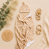 Brown Gingham Stretch Knit Swaddle Wrap & Beanie Set