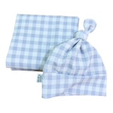 Soft Grey Gingham Stretch Knit Swaddle Wrap & Beanie Set