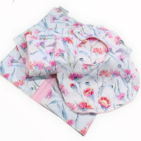 Pink Blossom and Silver Eucalypts Blanket Nappy Wallet Bib Gift Set
