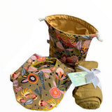 Protea Pop Banksias Mustard Swaddling Wrap Tote  Bag and Bib Burp Cloth set