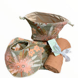 Gumnut Blooms Orange Swaddling Wrap Waterproof Tote Bag and Bib Burp Set