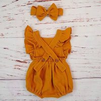 Mustard Ruffle Sleeve Romper- Organic Cotton withMatching headband