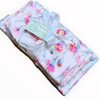 Pink Blossom and Silver Eucalypts Blanket Nappy Wallet Bib Gift Set
